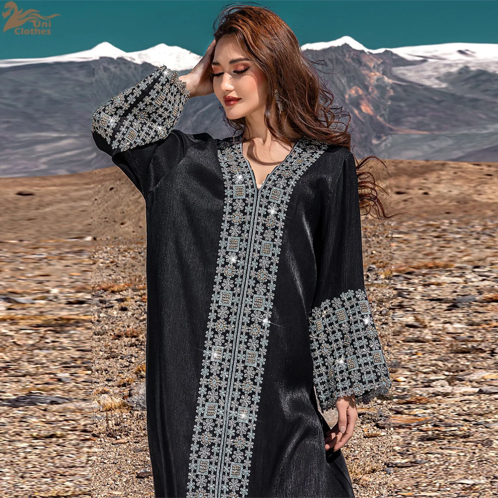 Eid Djellaba Embroidered V-Neck Long Dress for Women Muslim Abaya Kaftan Turkey Beads Lace Caftan Dubai Musulmane Femme Vestidos