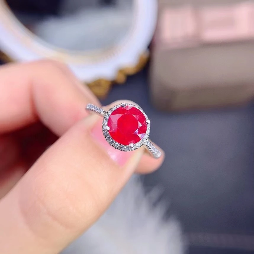 Vintage Classic Natural Ruby Ring 925 Sterling Silver Inlaid Women's Red Gemstone Ring Round Bridal Wedding Engagement Party Gif