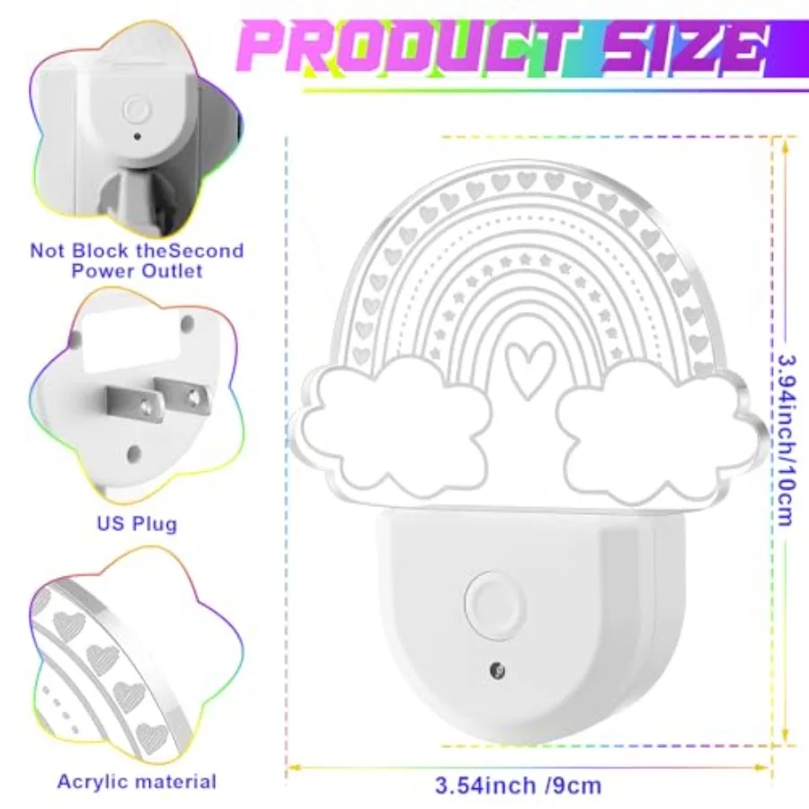 2 Pcs Rainbow Night Light for Plug into Wall 8 Color Changing Baby Rainbow Night Light with Dusk to Dawn Sensor for Girl Nurser