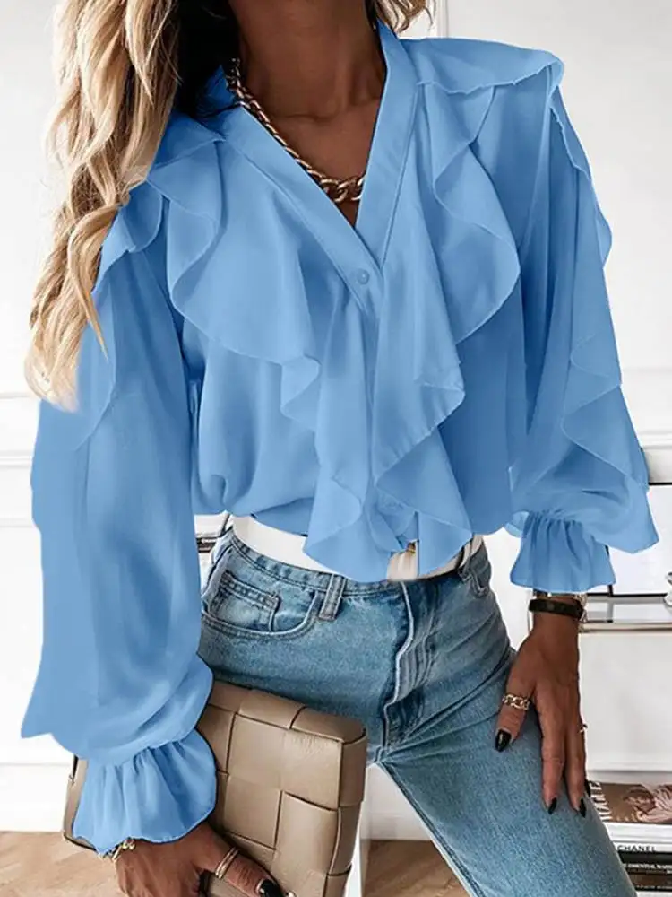 Celmia 2024 Party Blusas Women Ruffled Blouse Fashion Sexy V neck Long Sleeve Buttons Shirt Casual Summer Tops Elegant Blouses