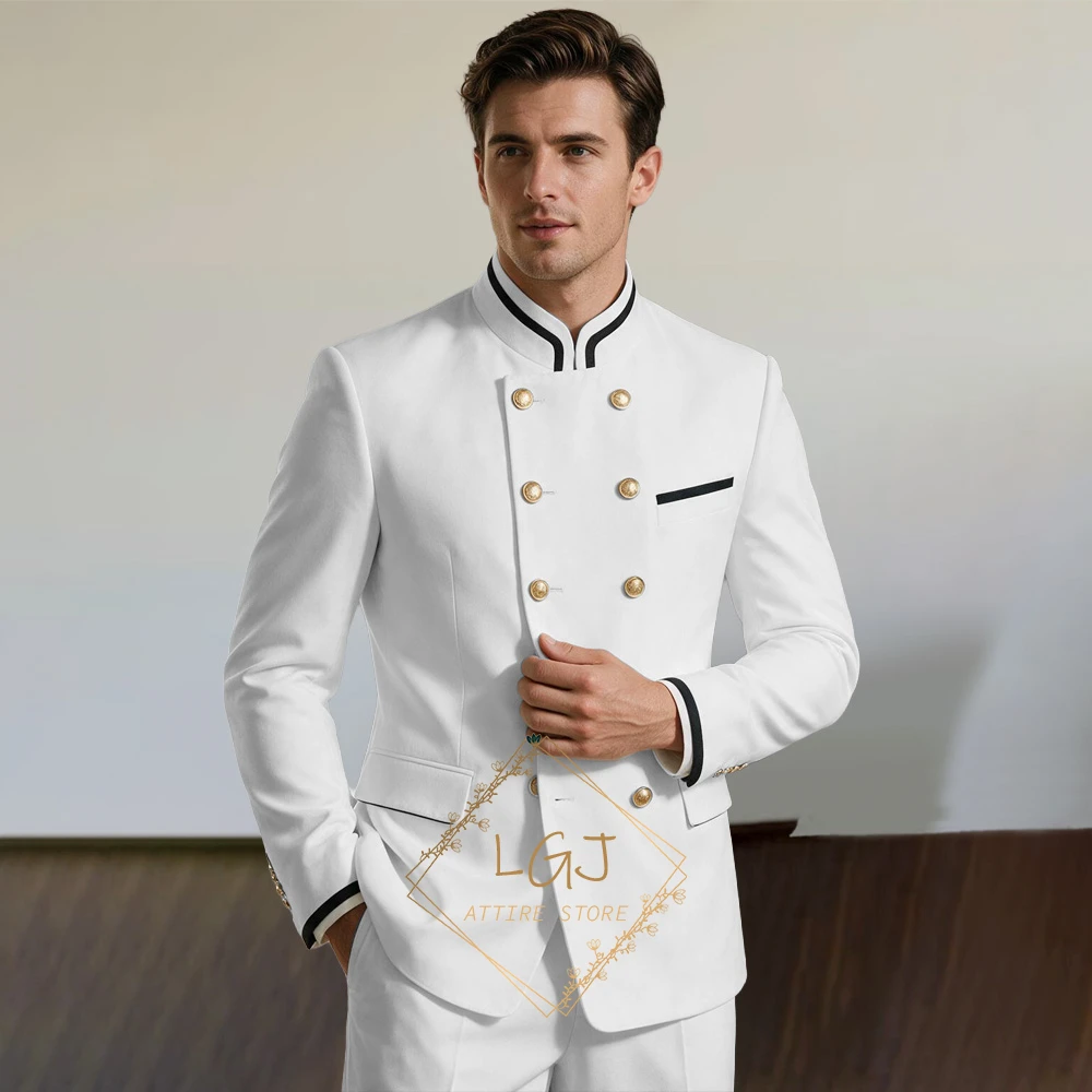 Men’s Custom 2-Piece Double-Breasted Mandarin-Collar Suit, Black Contrast Trim on Collar for Classic Themed Wedding Galas