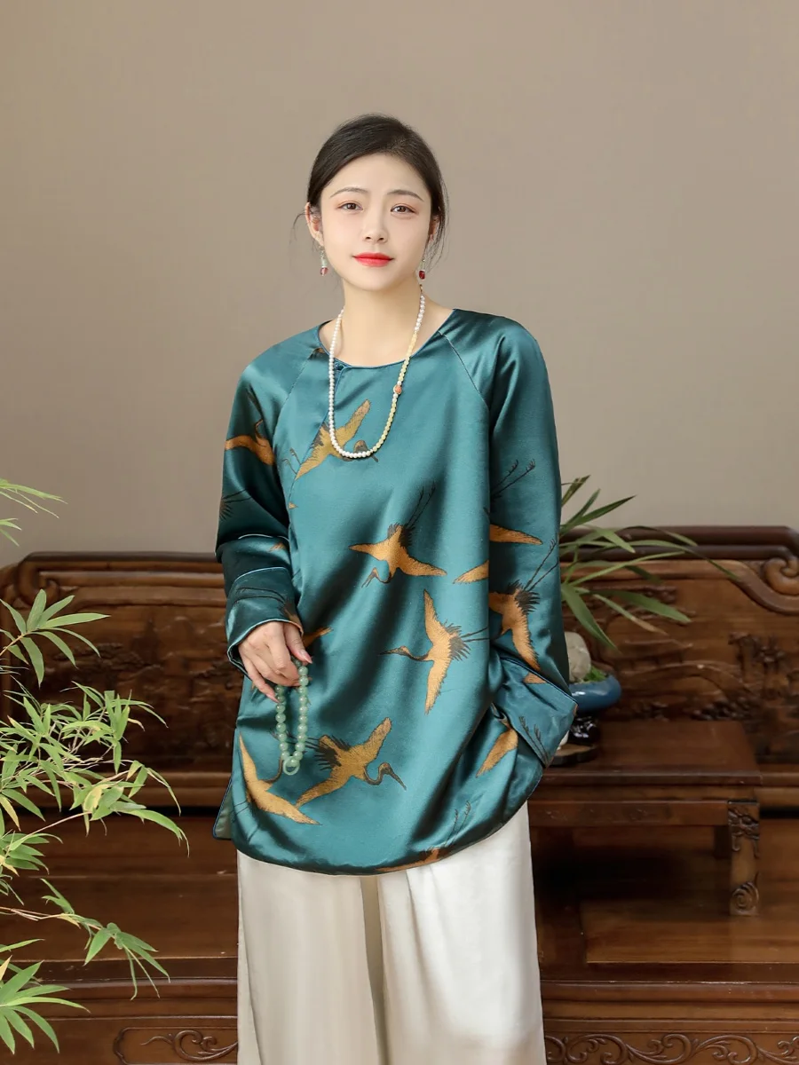 

Шелковый топ Yunjian Zizai с длинным рукавом и круглым вырезом, женский, с синим узором «Журавли», из шелка Сянъюнь, в китайском стиле, модная одежда