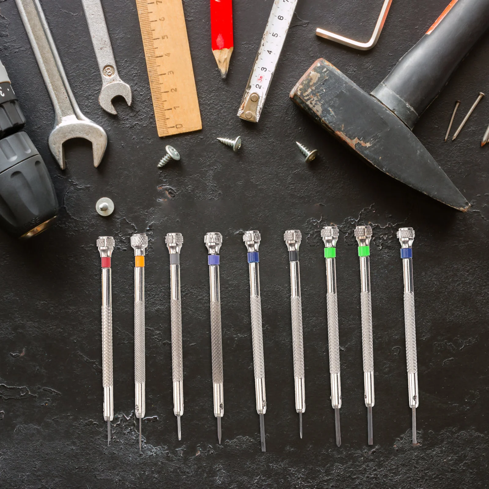

9Pcs Watch Repair Tools Precision Flat Slotted Screwdriver Set Different Sizes 05-25mm Colored Handles Spare Tips Eyeglass Frame
