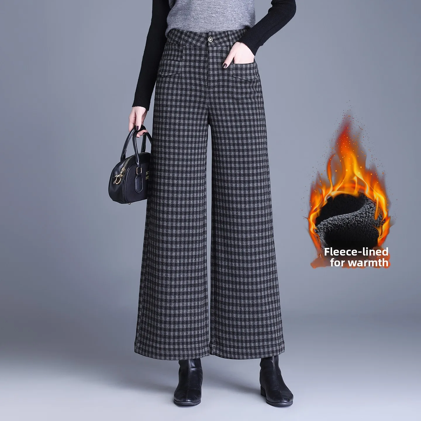 

Женские утепленные брюки с высокой талией и широкими штанинами, в клетку, на флисовой подкладке, зимние, модные, свободные, укороченные (7/8)