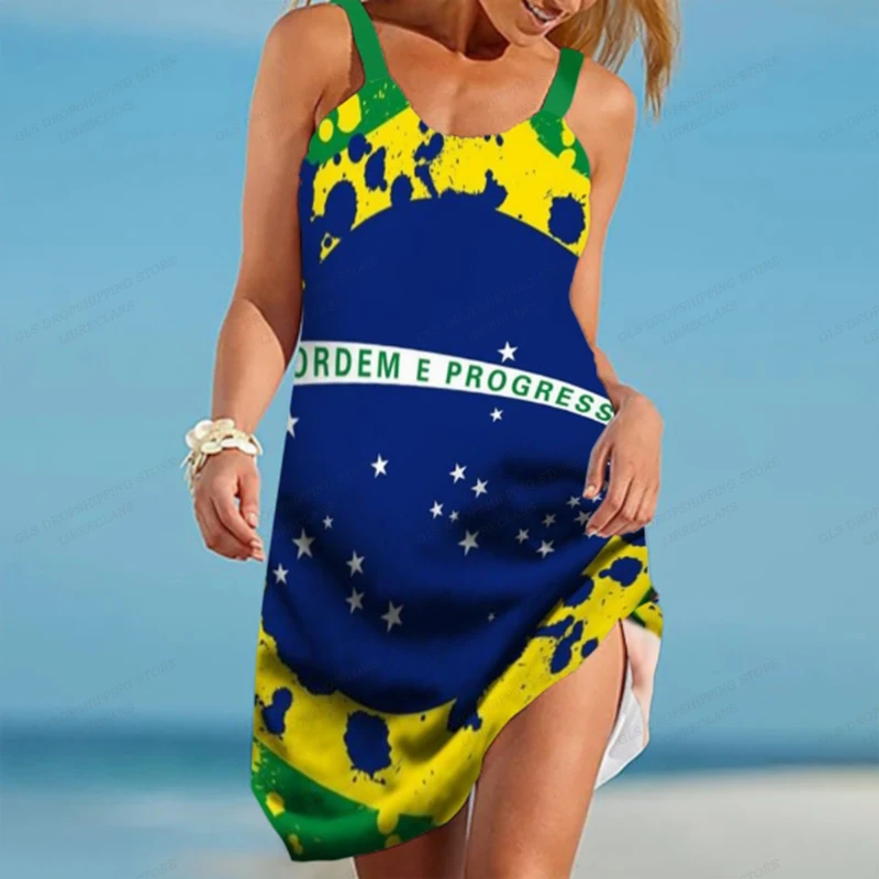 Brazil Flag Dress Women Fashion Bohemian Spaghetti Strap Dresses Party Evening Sexy Boho Beach Dress Midi Sundress Casual Loose