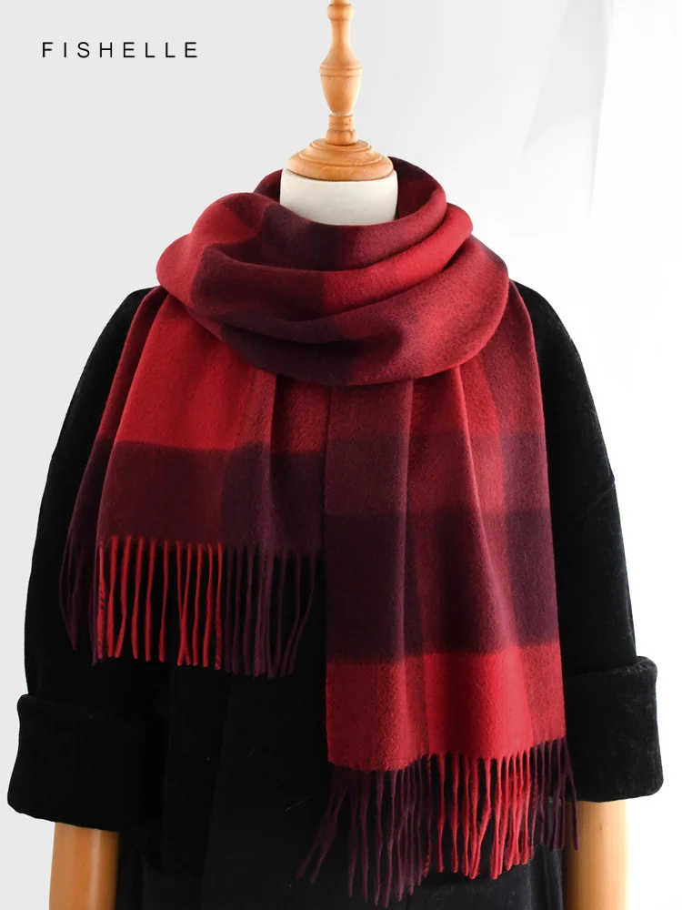 Dark red plaid 100% Cashmere scarf winter female scarves high-quality women\'s wraps soft warm shawl thin lady luxury gifts