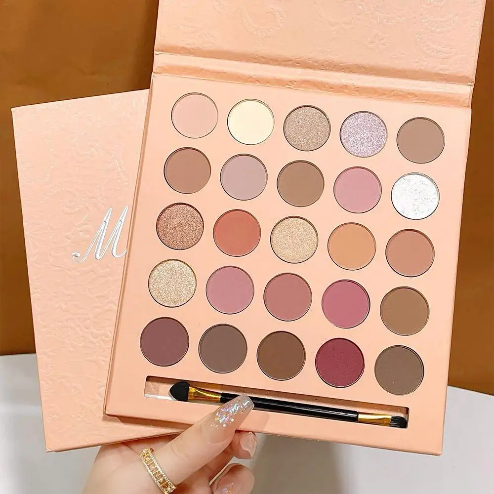 Placa de sombra de ojos con pincel, 25 colores, mate brillante sombra de ojos, paleta de sombras de ojos de larga duración, maquillaje de ojos de Color tierra