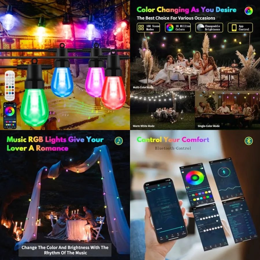 50ft Outdoor String Lights Color Changing - Patio Lights Outdoor Waterproof with 20 Dimmable RGBW Bulbs, Shatterproof, Music Mo