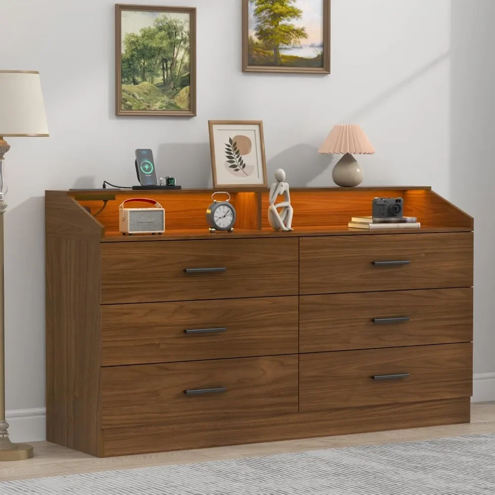 Commode avec prise de courant, commode moderne avec rangement ouvert, commode double large, commode avec lumière LED, 6 portes de proximité