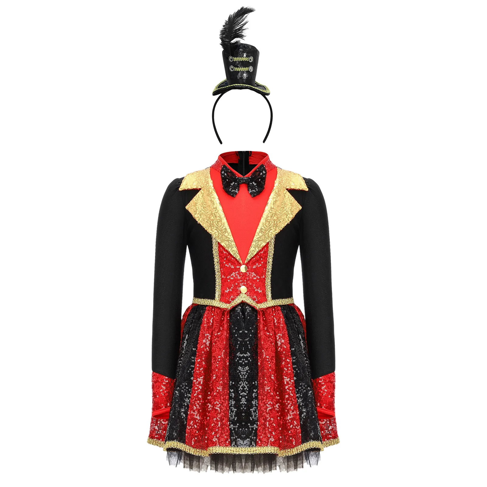 

Girls Ringmaster Circus Costumes Dress Up Halloween Party Dancewear Long Sleeve Bow Tie Sequins Tutu Dress Ballet Dance Dresses
