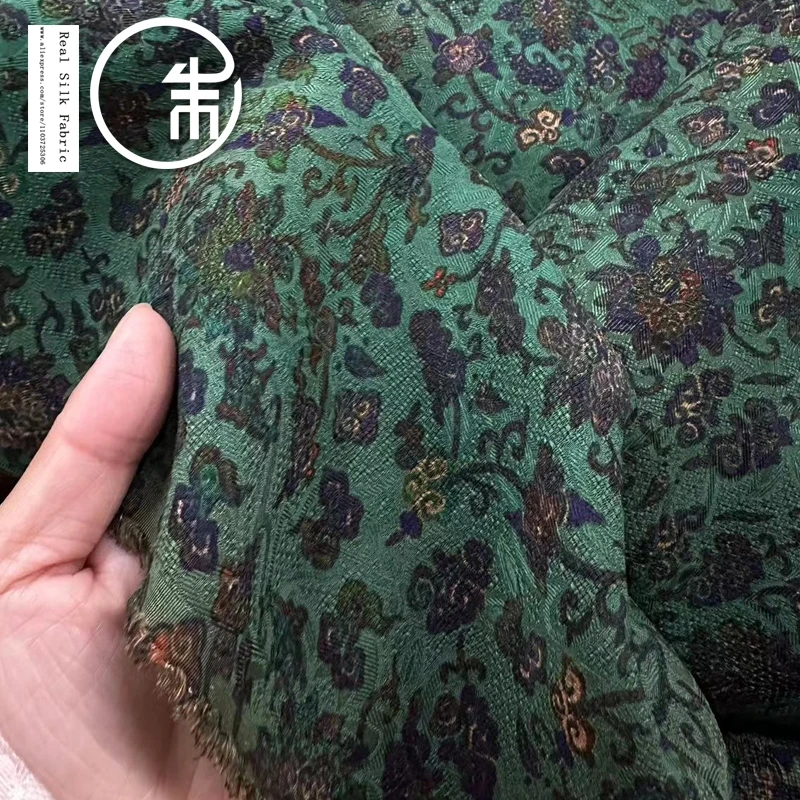 High Quality Dark Green Floral Full Hole Xiangyun Yarn Chinese Style Chinese Style Real Silk Designer Silk Fabric 30momme Cloth