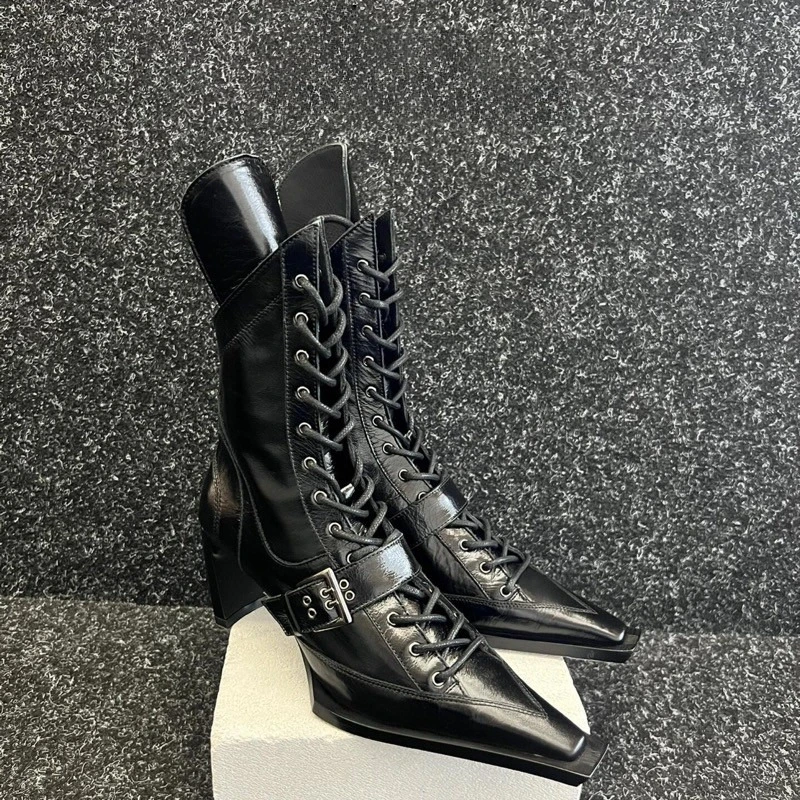 New Gothic Y2K Punk Patent Leather Mid Calf Boots, Street Style Pointed Toe Belt Buckle Slim Fit Fashion Boots for Spring Autumn