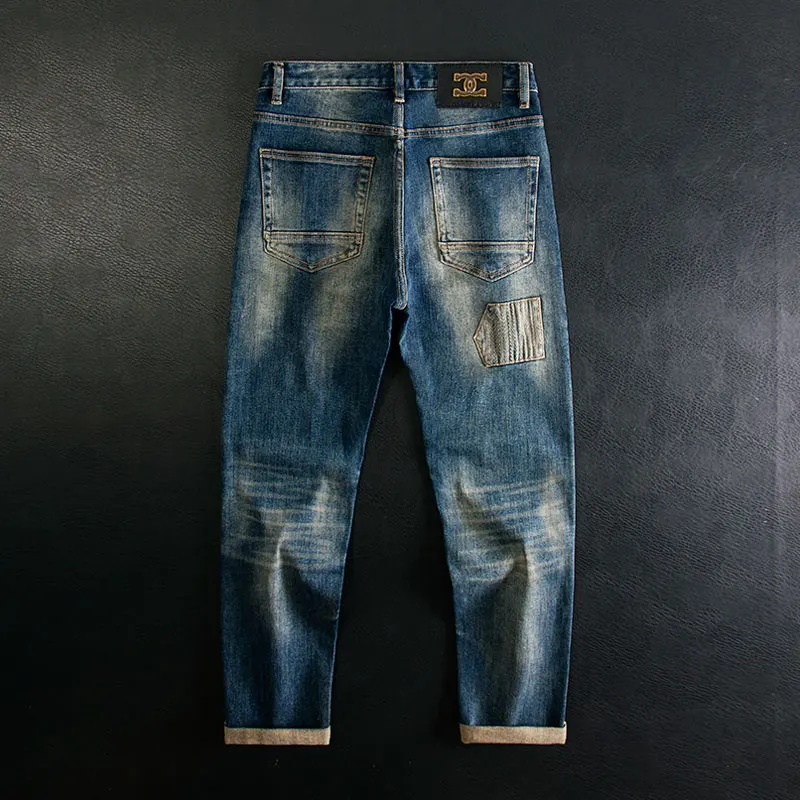 Street Designer Fashion Mannen Jeans Retro Blauw Stretch Slim Fit Patched Ripped Jeans Mannen Y2K Hip Hop Vintage Denim Broek Hombre