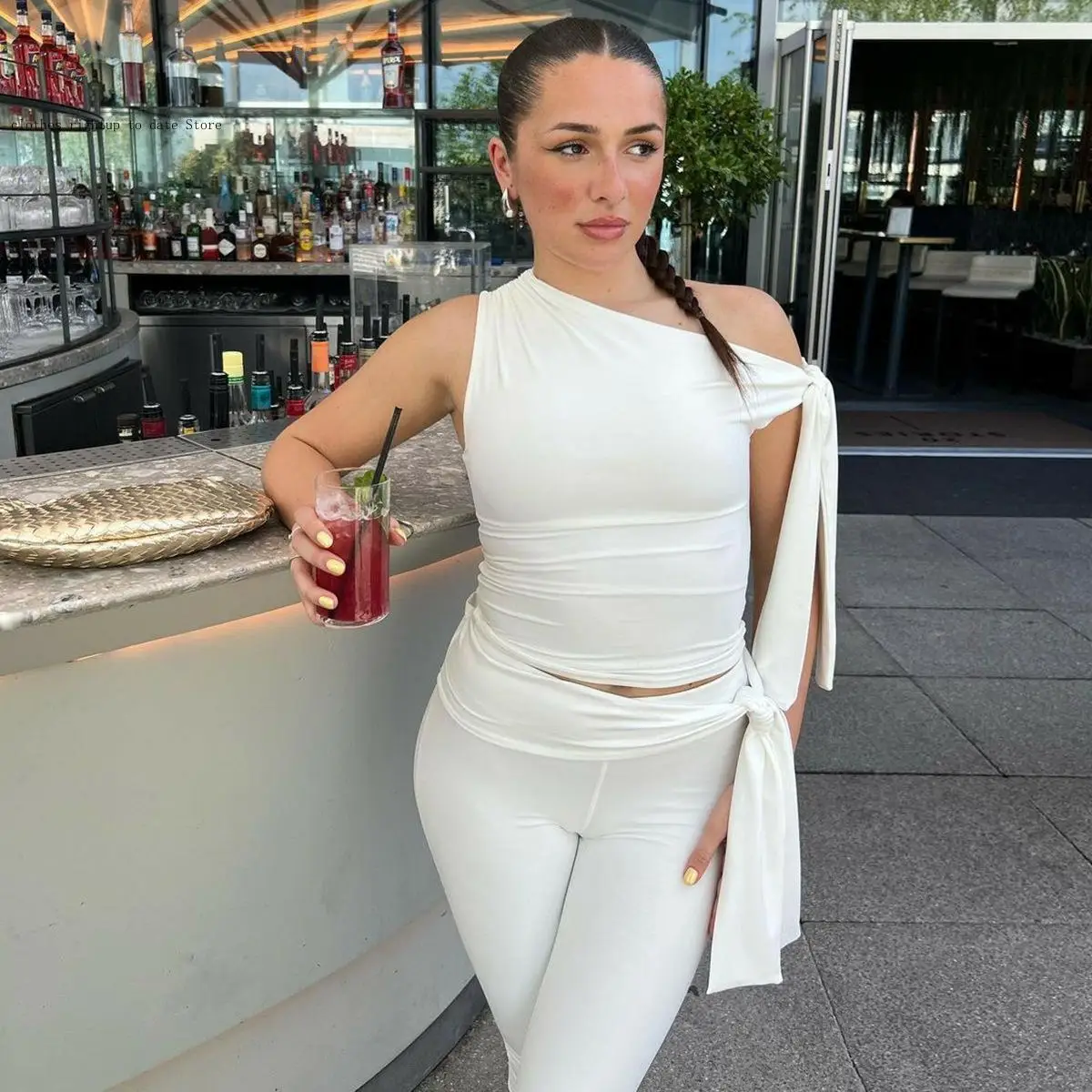 Summer Street Outfit Lace-Up Capri Pants Set 2-Piece for Women Tank Cropped Trousers Skinny Leisure Suit