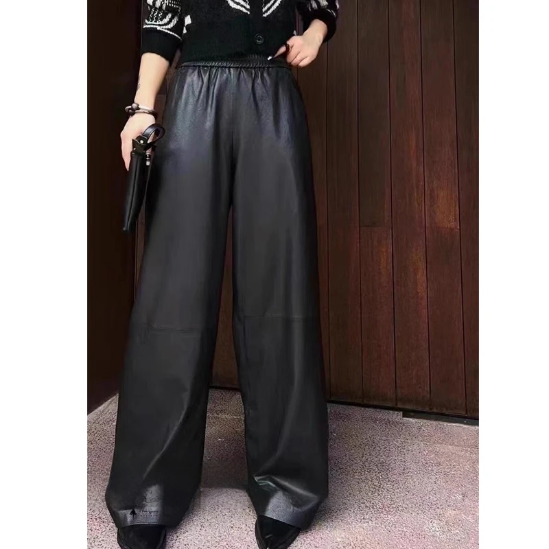 S-2XL Sheepskin Leather Pants For Women Chic Elastic Waist Loose Wide-leg Straight Trousers Real Leather Mopping Pants Female