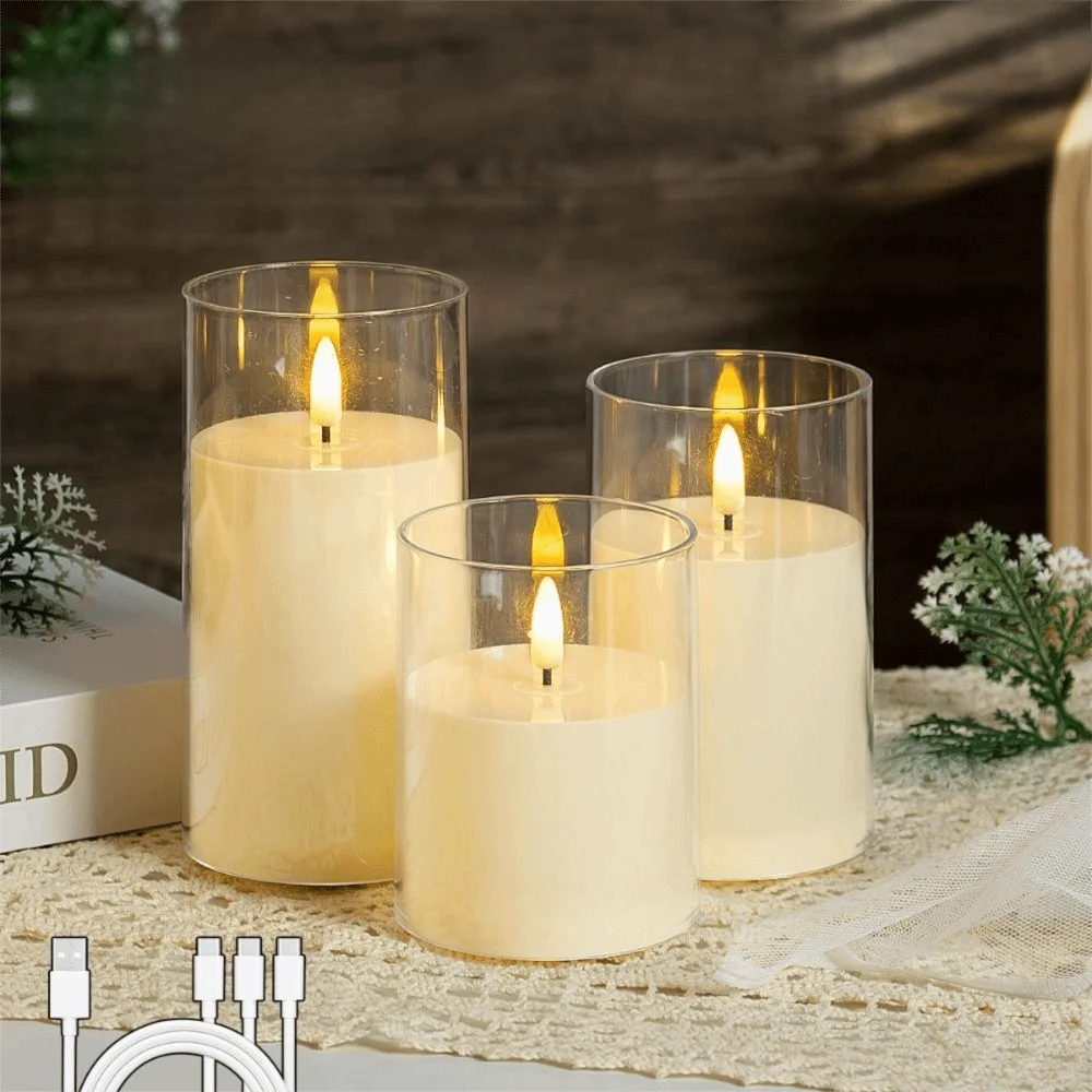 Rechargeable LED Flameless Candles with Remote Control Timer Fake Candle Lights Soft Light Clear Candle Shell Electronic Candles