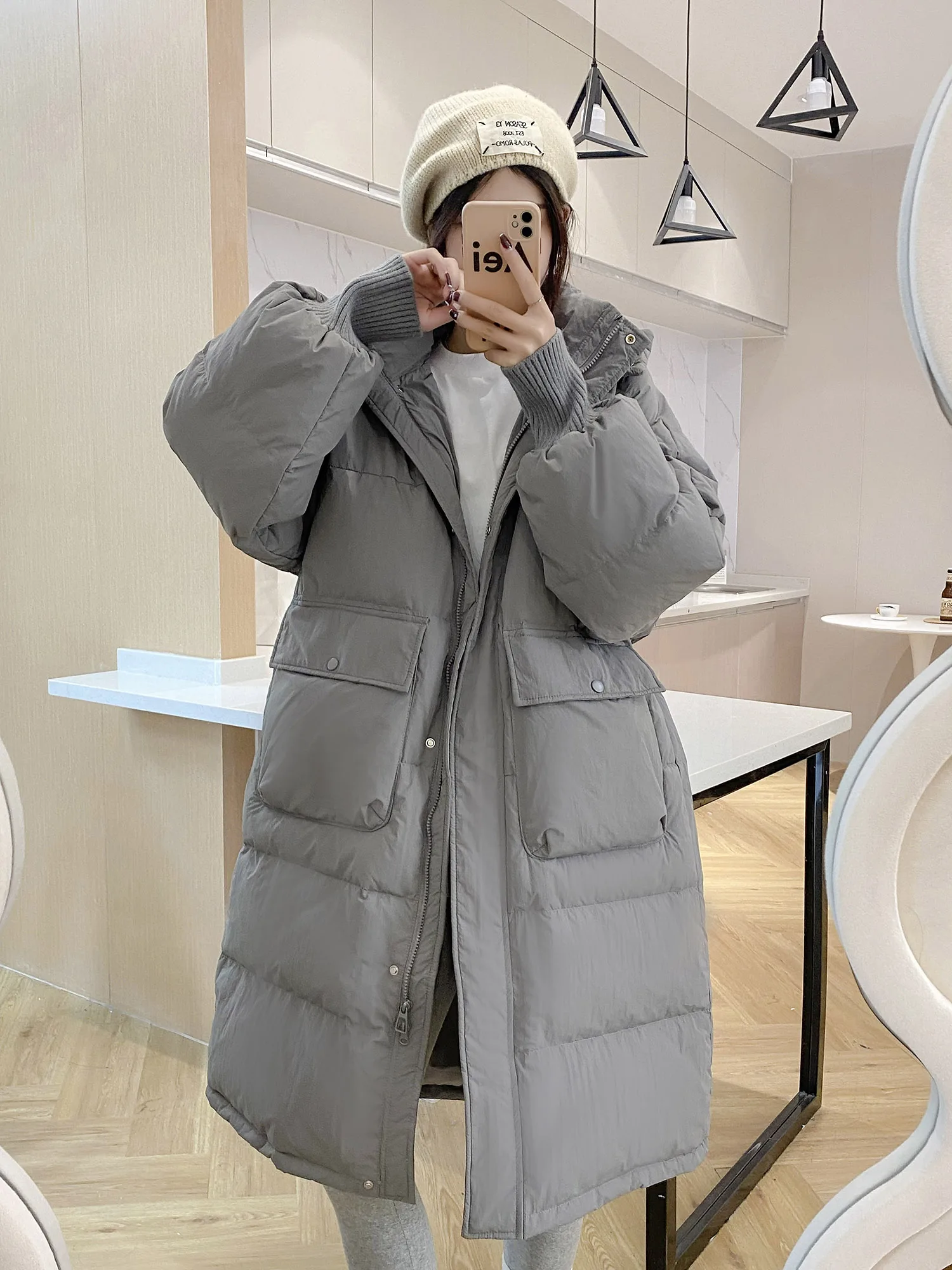 

Winter Women's White Duck Down Coat Thickened Warm Solid Coat Hooded Loose Down Jacket Top