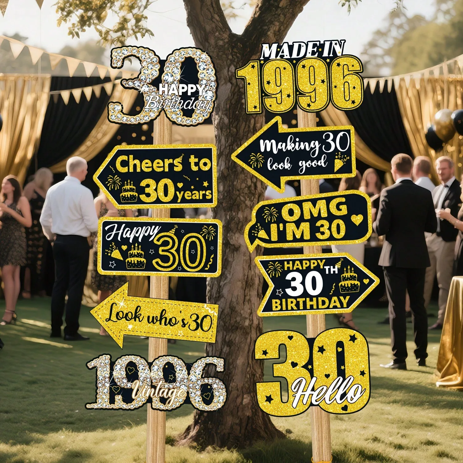 10-teiliges 30., 40., 50., 60., 70. Geburtstag Schwarz-Gold Dekorations-Set, Fotorequisiten im Vintage-Stil, Papier-Schilder