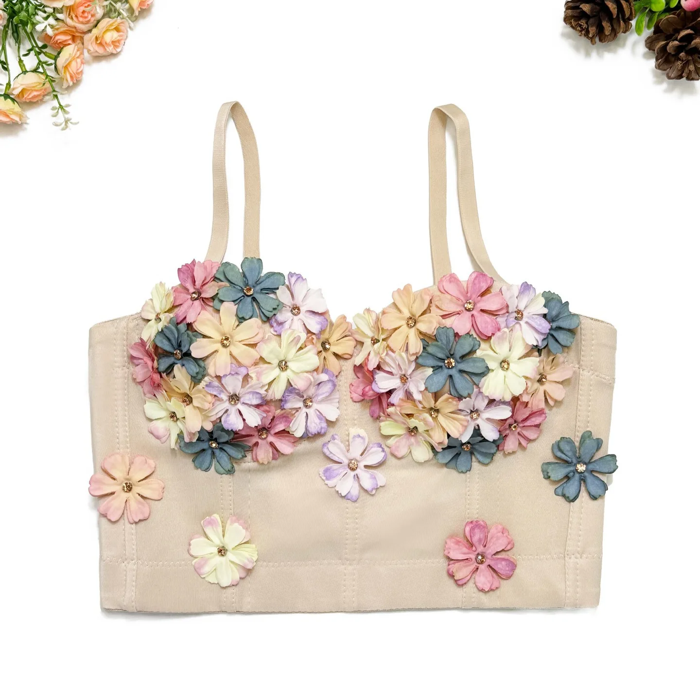 Hand-made Three-dimensional Small Flower Advanced Wind Can Be Worn Outside Fishbone Bra Ladies Small Blouse Womens Tops