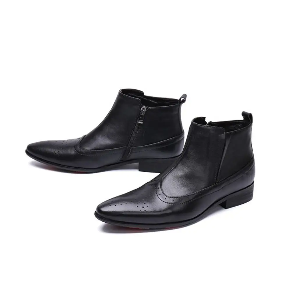 Black Genuine Leather Low Heels Pointed Toe Zipper Boots Male Plus Size Fashion Party British Style Business Dress Shoes