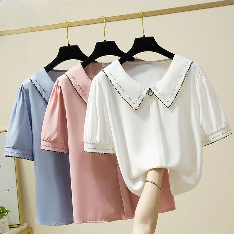 Fashion Women Clothing Summer Blouses and Shirts Female Beading Elelgant Sweet Top Ladies Elelgant White Short Sleeve Tops Q908