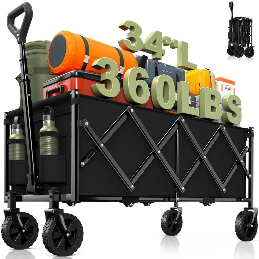 

Сверхдлинные складные тележки-вагоны, грузоподъемность 360 фунтов, сверхпрочная складная пляжная тележка на колесах, портативная универсальная уличная тележка