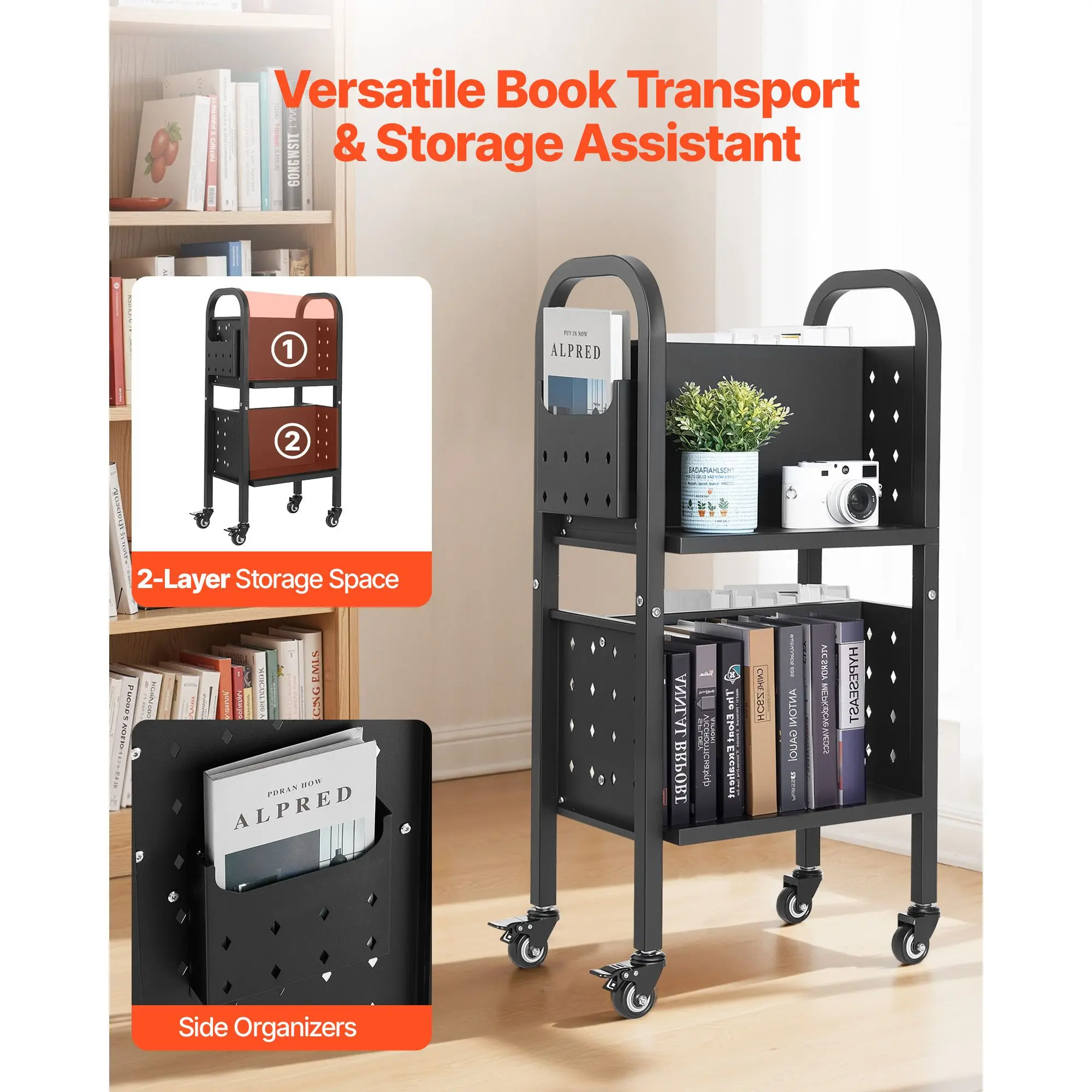 Rolling Library Book Cart, 150 lbs Capacity, 17.7 x 13.0 x 34.6-Inch Library Cart, Double Sided L-Shaped Shelves with 2-Inch Loc