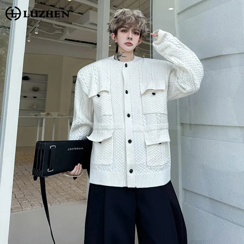 LUZHEN 2025 Autumn New Original Multi Pockets Decorate Round Neck Knitted Cardigan Coat Men's Fashion Solid Color Sweater JY4449