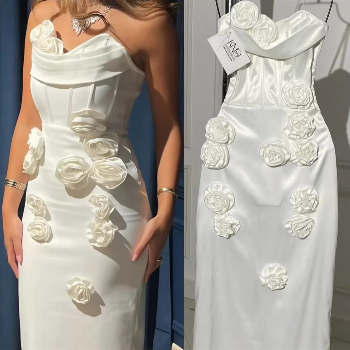 Customized Saudi Arabia Evening Dress Formal Dearin Strapless Column Floor Length Skirts 3D Rose Flower Bespoke Occasion Dresses