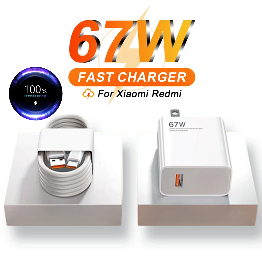 US Plug 6A 67W Turbo Fast USB Charger for Xiaomi 10 11 12 13T 14T Redmi Note 11S 12 13 14 POCO X4 F5 Type C Quick Charging Cable