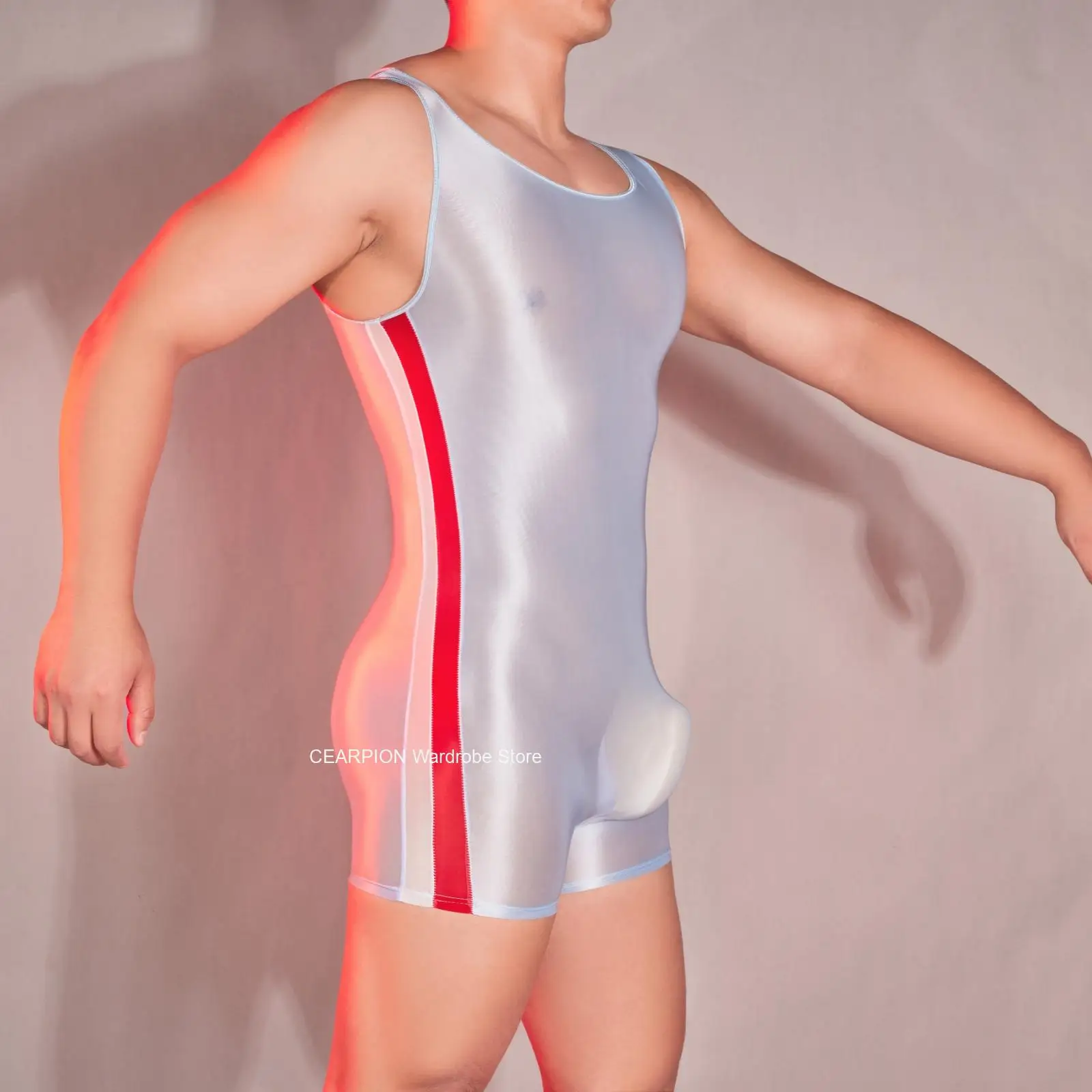 

Men Sexy Contrast Color Bodysuit Oil Glossy See Through Stretchy Rompers Male Thin Playsuits Sheer Ice Silk Soft Tank Sleepwear