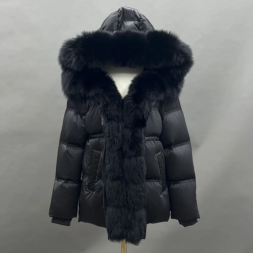 JANEFUR 2025 Winter White Goose Down Jacket Real Fur Hooded Puffer Jacket Women Thicken Warm Mid Long JFB8-25010