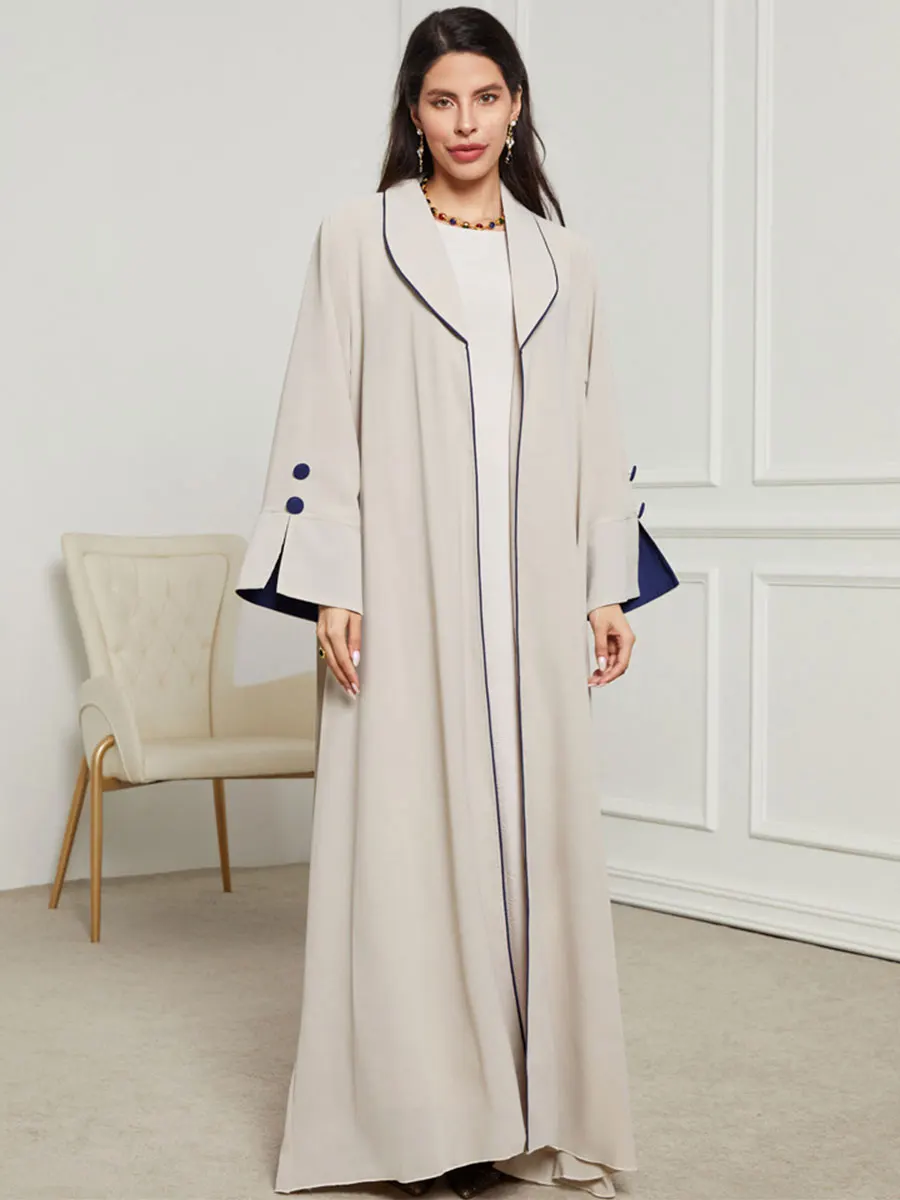 Fashion Muslim Clothing Long Dress Elegant Cardigan Contrast Color Button Robe For Woman Lapel Collar Moroccan Dubai Loose Abaya