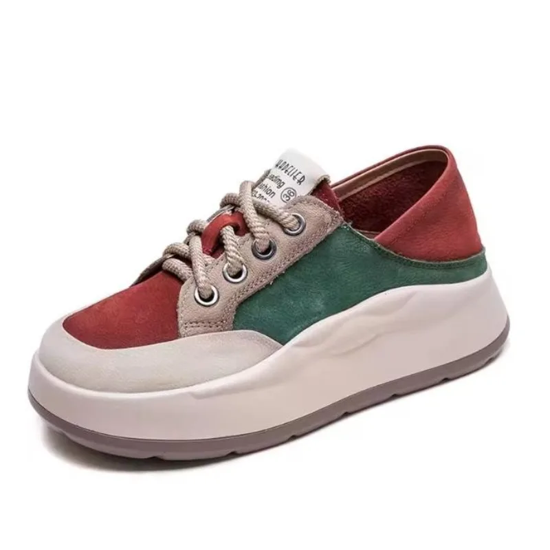 

2025 New Spell Color Splicing Premium 100% Genuine Leather Color Sneakers Platform Elevator Shoes Woman Trendy Sneakers