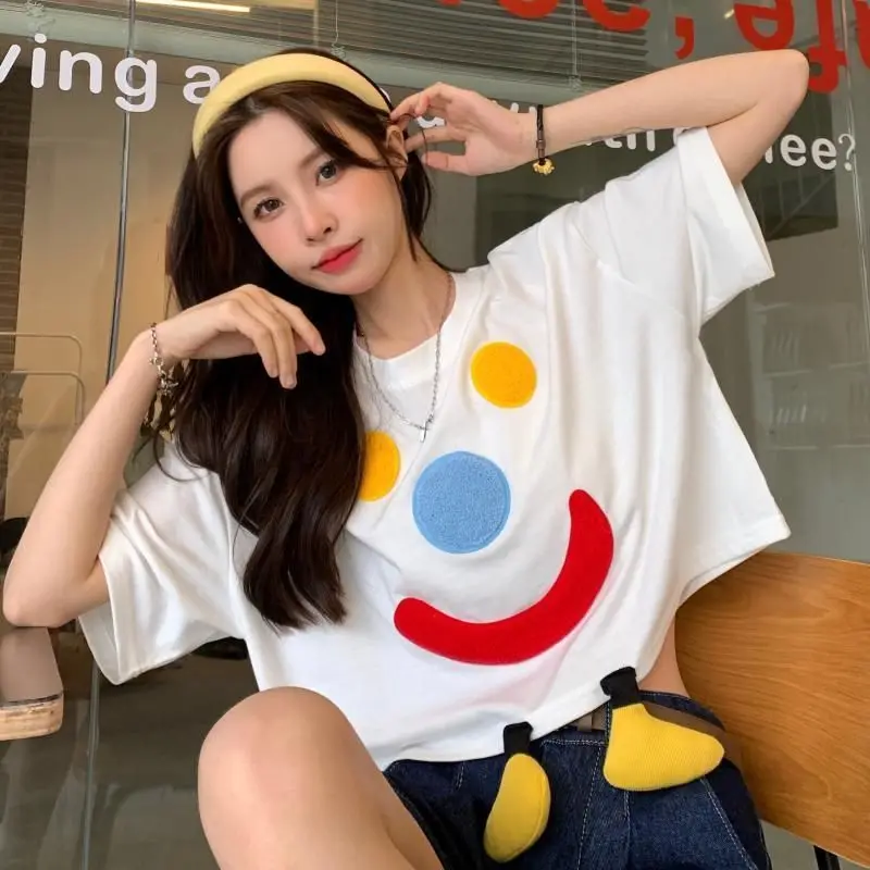 Clown Short Upper Garment With Bare Feet And Navel For Women Short Sleeve O-Neck Cartoon Print Tees Casual Fashion Cute T Shirts