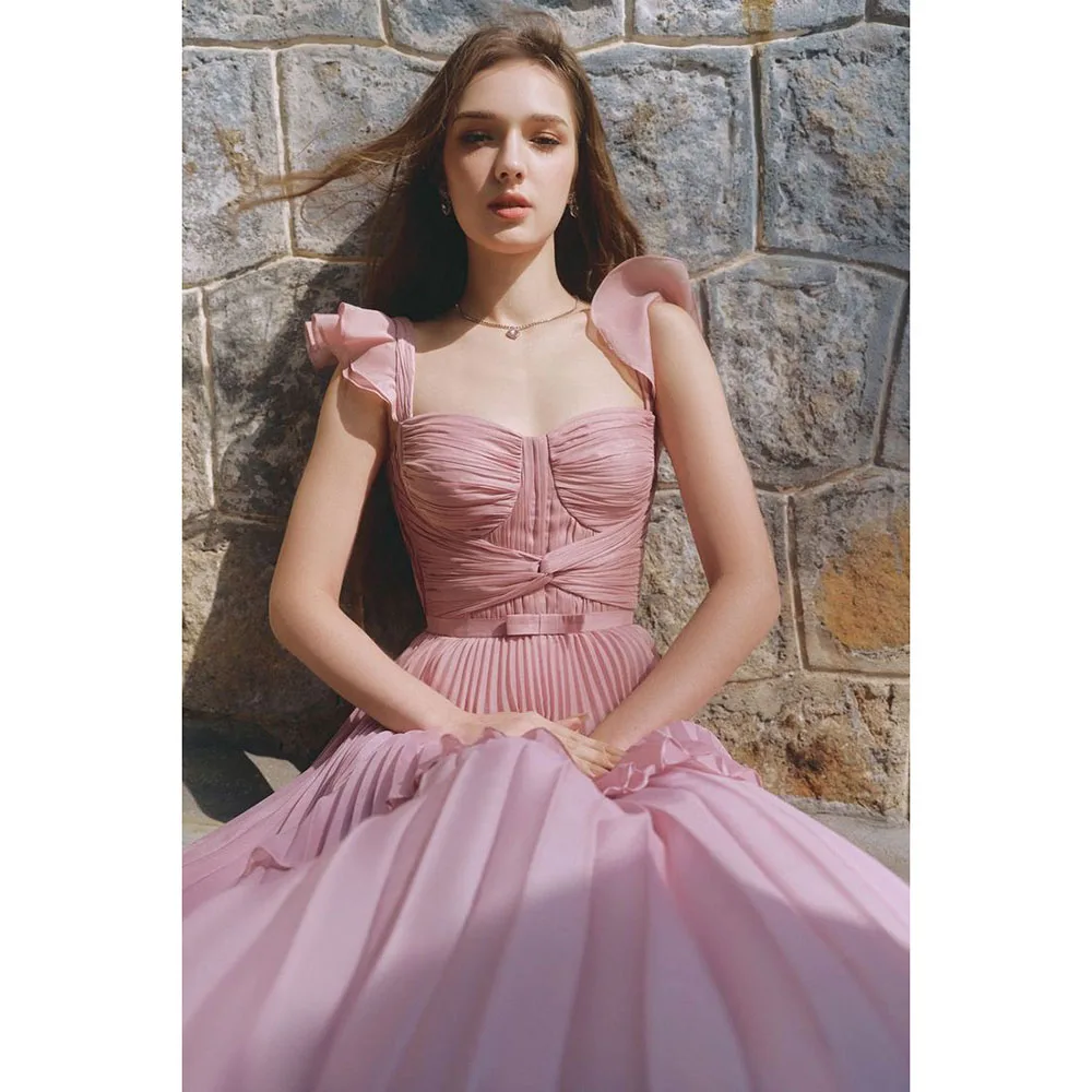 

Beautiful Pink Women Prom Dresses Ankle Length A-Line Spaghetti Strap Sweetheart Sweet Elegant Female Party Banquet Gowns