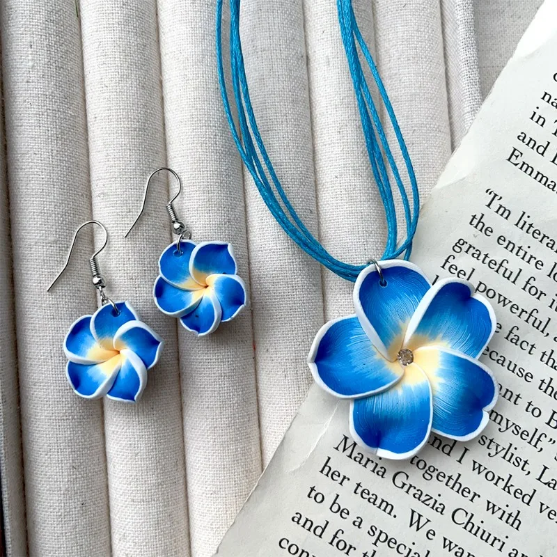 Hawaiian Plumeria Necklace Dangle Earrings Handmade Soft Polymer Statement Drop Ear Rings Jewelry 2024 Flower Earring for Women