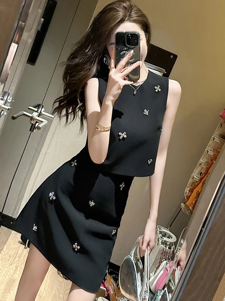 Elegante Casual 2 pezzi abiti donna Retro Black Diamond Flowers Vest Tank Short Crop top minigonna Set Party Banquet Clothes