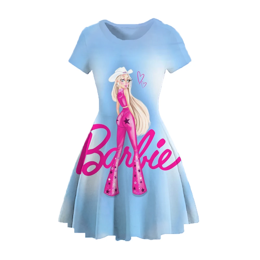 2024 Girls Summer Short sleeved Barbie Princess Dress Set with Cute Pattern 3D Printing Clothes for Children's Fashion Girls