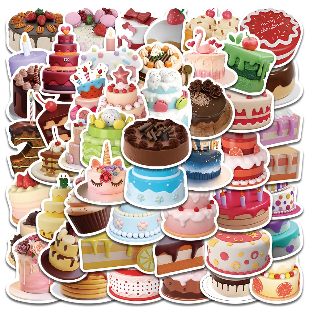 50PCS Pink 3D Birthday Cake Snack Cute Stickers Kawaii Motorcycle Car Stationery Scrapbooking Album Decal Sticker Kids Toy