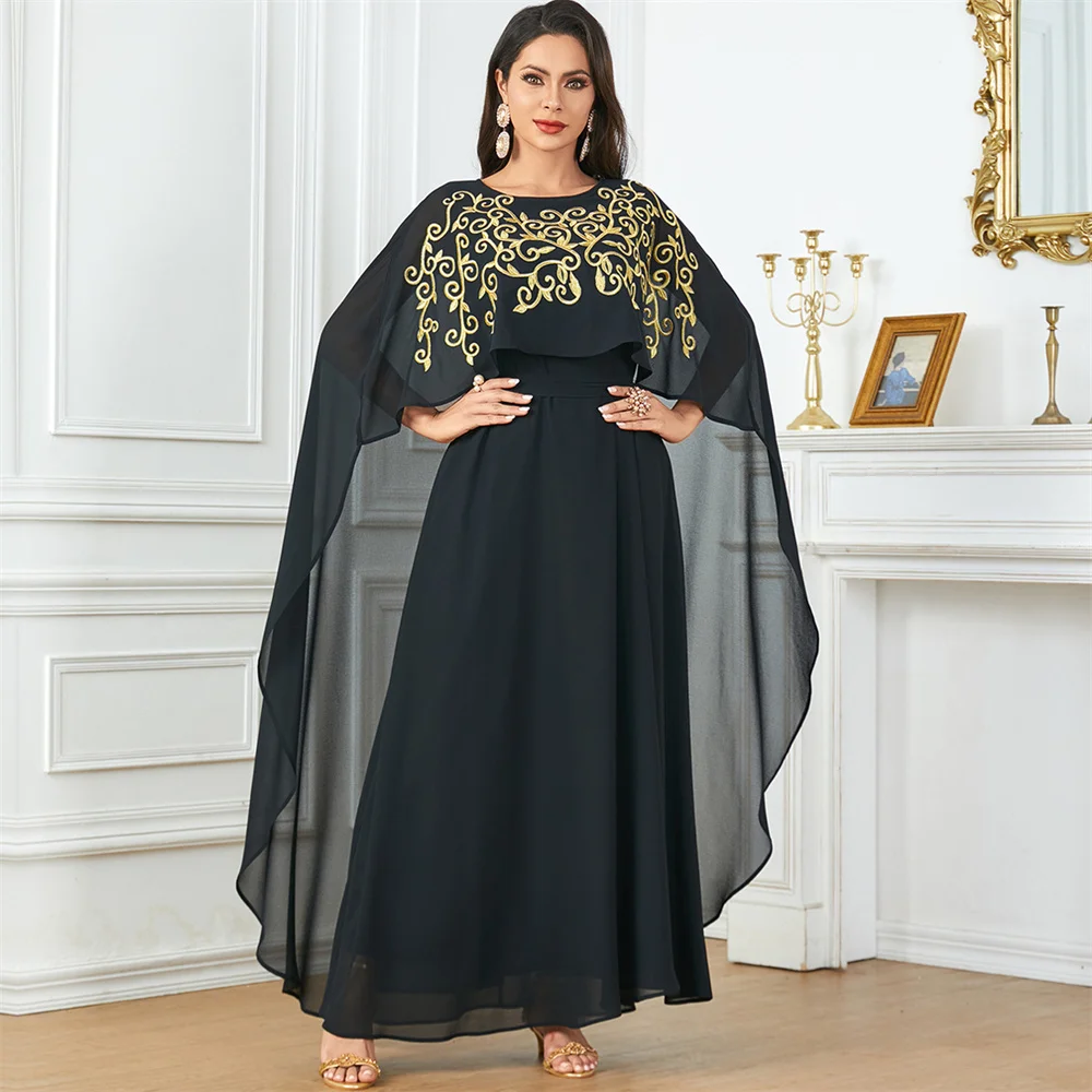 Modest Black Dubai Luxury Moroccan Casual Chiffon Floral Embroidery Dresse Party Abaya Saudi Turkish Arab Robe femme musulmane