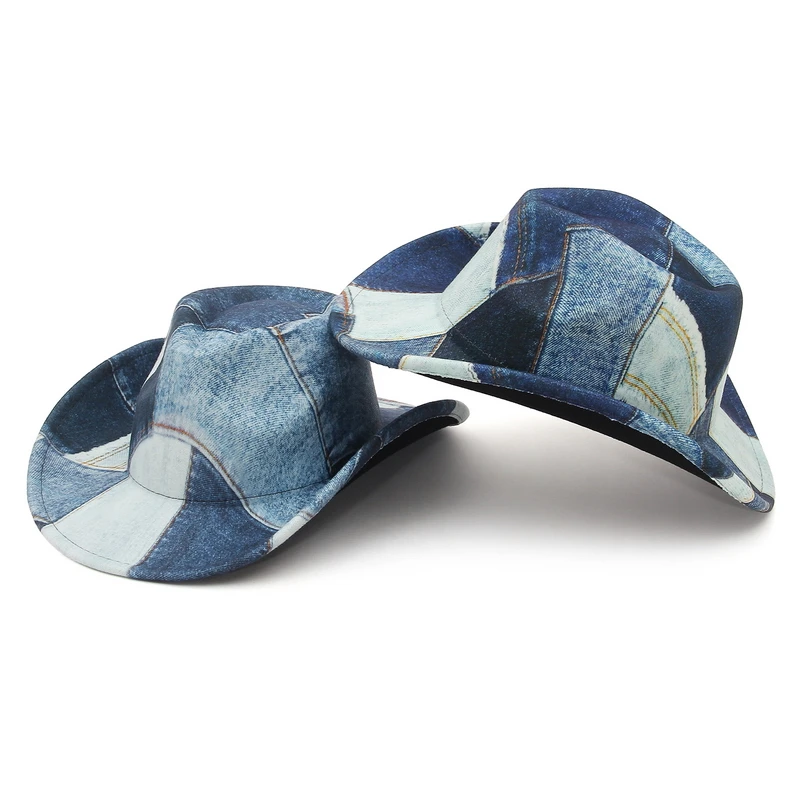 

GEMVIE Retro Women Men Western Denim Patchwork Cowboy Hats Wide Brim Party Cowgirl Hat