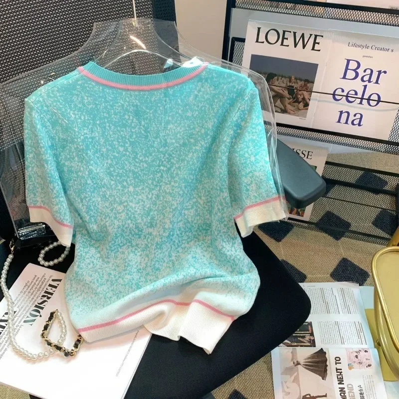 Women Summer Korean Version Niche Colorful Gradual Change Round Neck Loose Short-sleeved T-shirt Ice Silk Knitted Sweater