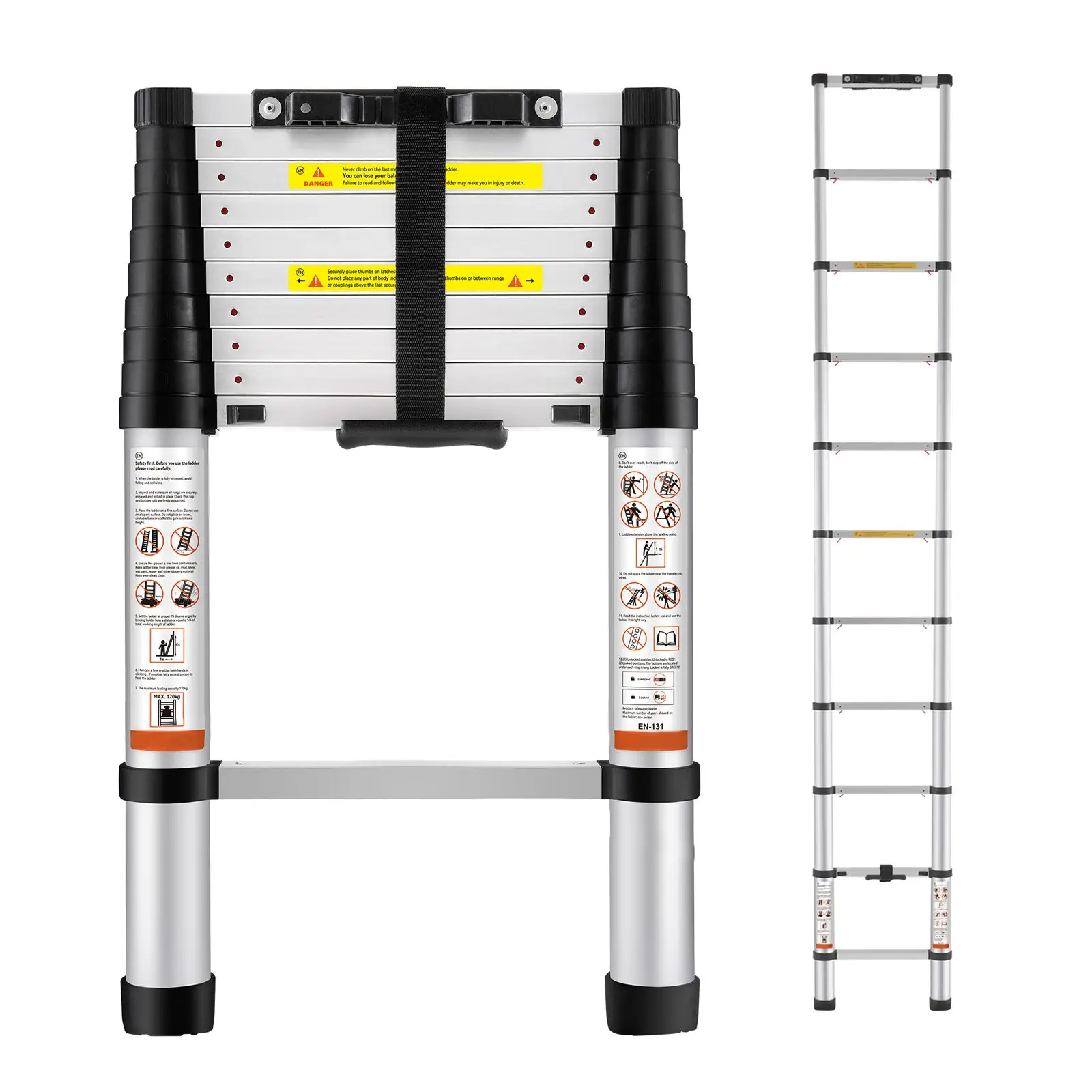 Telescoping Ladder, 10.5 FT Aluminum One-button Retraction Collapsible Extension, 375 LBS Capacity with Non-slip Feet, Portable
