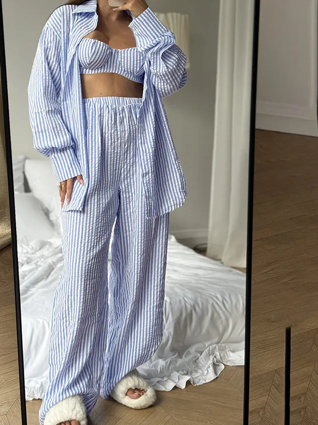 

Весенний комплект футболок в полоску, женский свободный пиджак, повседневная верхняя одежда, длинные брюки с высокой талией, легкие длинные свеки irt