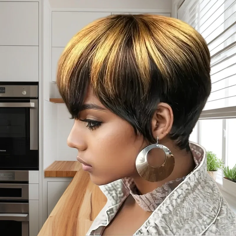 ﻿   픽시컷 가발 1B/27 옴브레 골드 여성용 100% 인모 숏 가발 기계식 제작