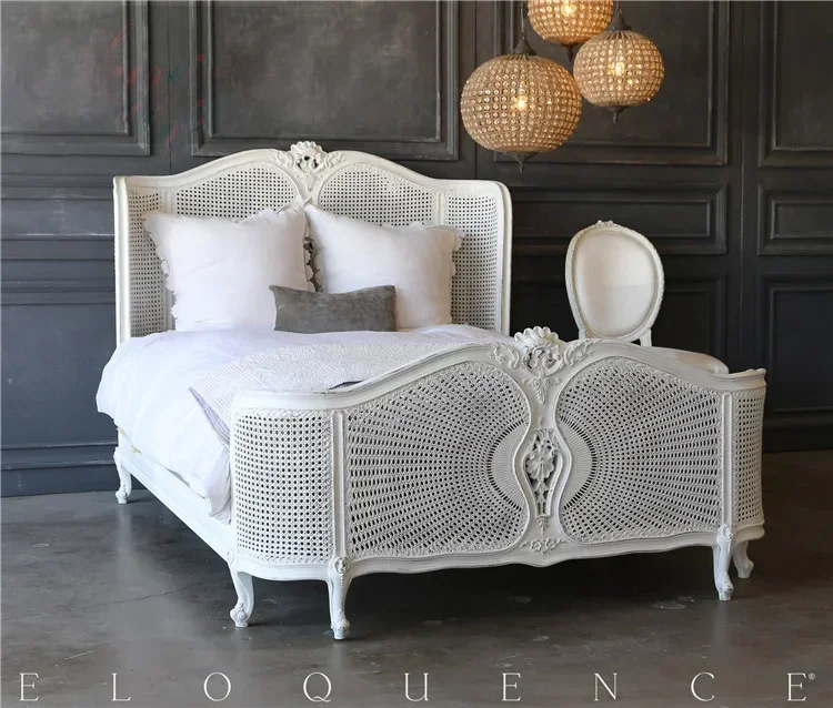 

FFFFrench solid wood carving flower double bed log full solid wood rattan woven bed European rattan art antique European bed