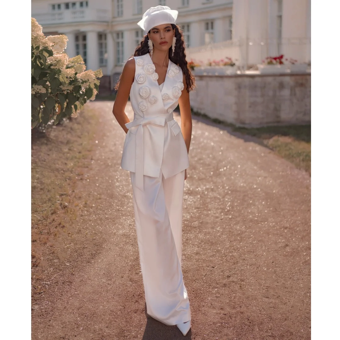 

2 Pcs Wedding Dresses Chic Floral Appliques Crepe Bridal Suit Satin Engagement Party Dress Fashion robe de mariée Customized