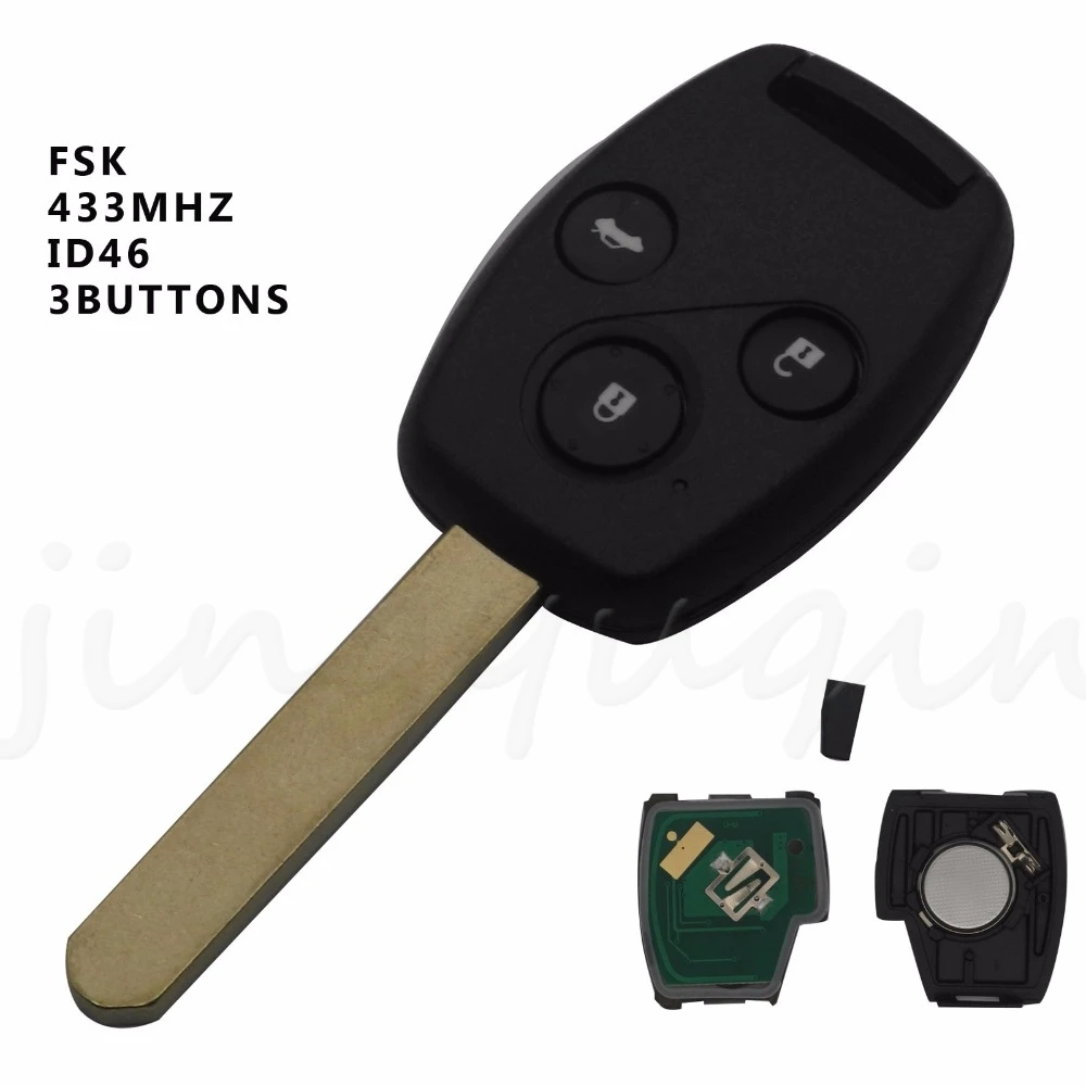 jingyuqin Replacement Remote Car Key 2/ 3 Buttons & 433MHz & ID46 Chip - FOB for Honda Cr-V Civic 2005 2006 2007