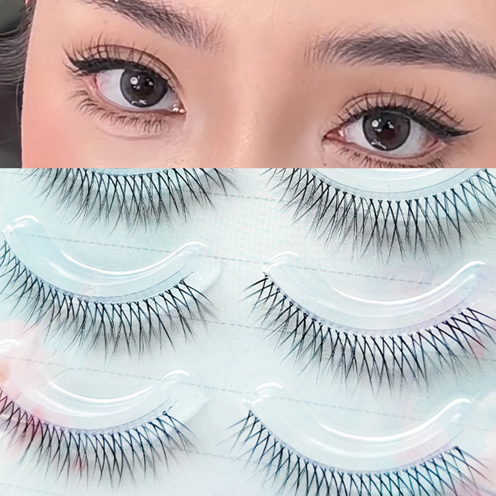 ขนตาปลอมแบบเต็มแถบ ขนตาแบบกลุ่มไขว้ แถบใส ฐานธรรมชาติ มองไม่เห็น เหมาะสำหรับมือใหม่ ใช้ได้ทุกวัน สไตล์มังงะ อุปกรณ์ต่อขนตา